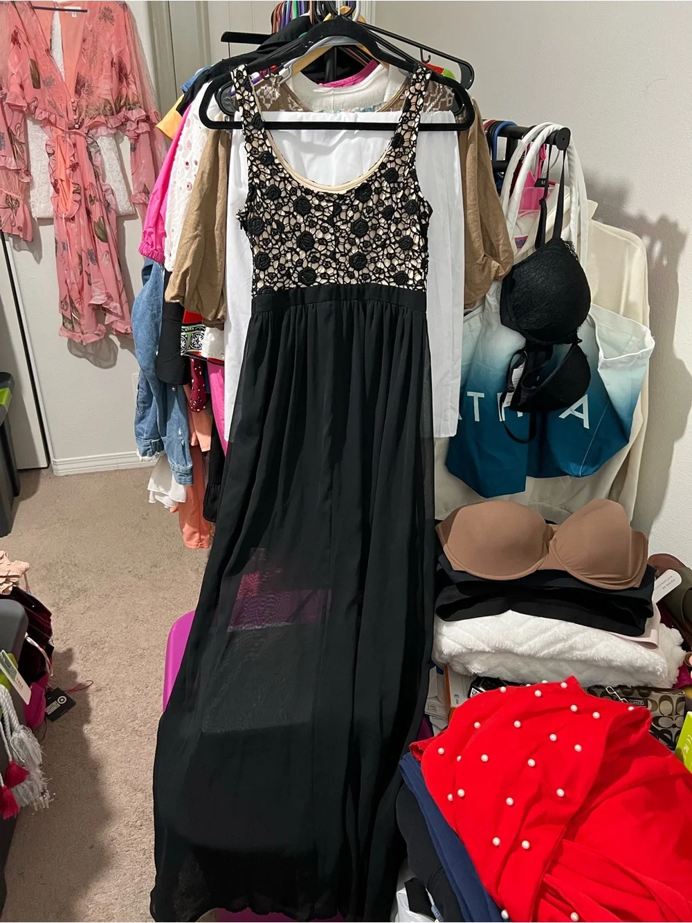 LC Lauren Conrad Black Maxi Dress with Cream  Embroidered Lace Bodice